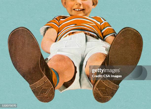 stockillustraties, clipart, cartoons en iconen met view of boy from the feet up - schoen