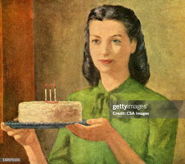 ilustraciones, imágenes clip art, dibujos animados e iconos de stock de mujer agarrando pastel de cumpleaños - happy birthday vintage