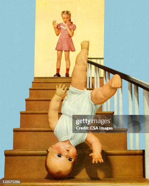 doll baby fallen hinunter die treppe - ein mädchen allein stock-grafiken, -clipart, -cartoons und -symbole