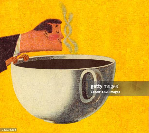 stockillustraties, clipart, cartoons en iconen met man smelling giant cup of coffee - close up