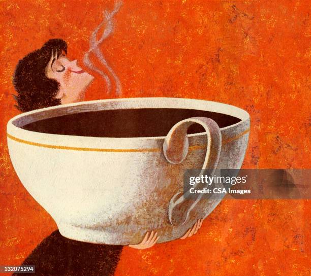 stockillustraties, clipart, cartoons en iconen met woman smelling giant cup of coffee - ruiken