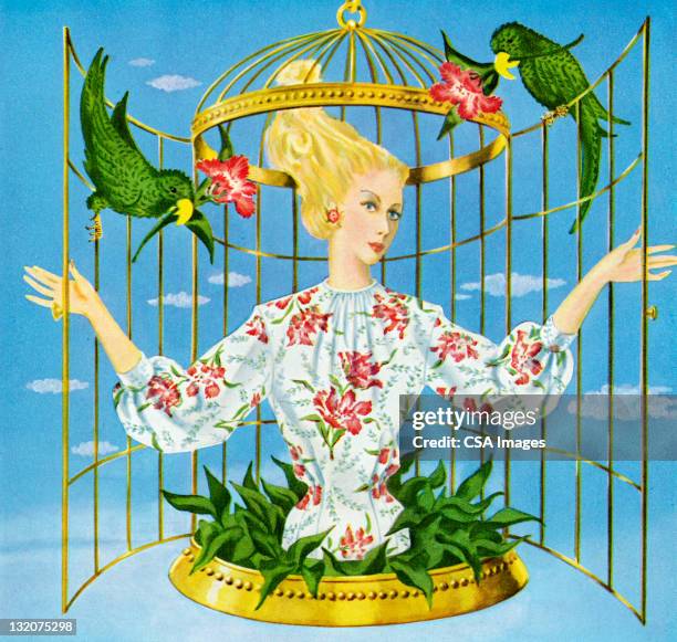 stockillustraties, clipart, cartoons en iconen met woman in birdcage - birdcage