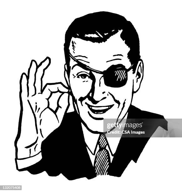 stockillustraties, clipart, cartoons en iconen met man in eye patch giving ok sign - mature person happiness white background