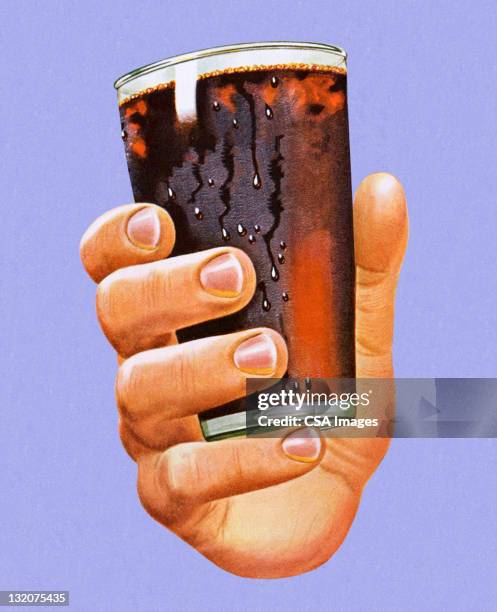 hand holding glass of cola - portrait studio purple background stock illustrations