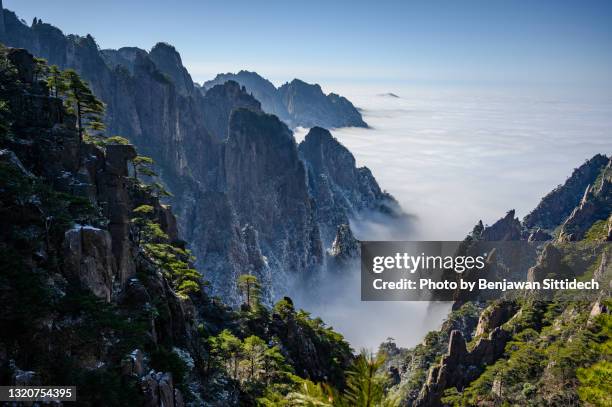 frozen landscape of huangshan (yellow mountain) in winter, anhui province, china - huangshan mountains stock pictures, royalty-free photos & images