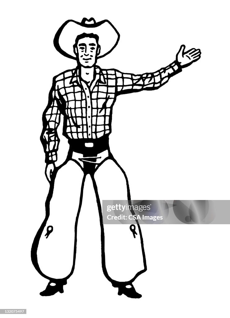 Cowboy mit Reiter-Beinschutz Gestikulieren