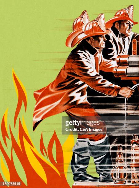 fireman auf feuerwehrwagen - fire engine stock-grafiken, -clipart, -cartoons und -symbole