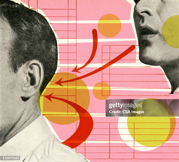 ilustraciones, imágenes clip art, dibujos animados e iconos de stock de hombre hablando a la parte posterior de un hombre's head - mouth