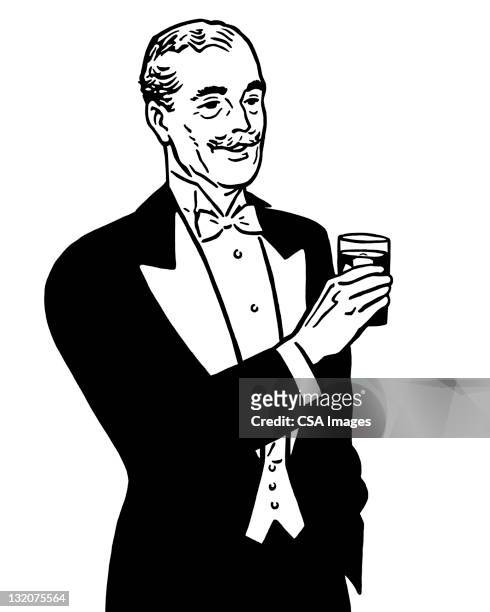 man in tuxedo holding drink - dinner jacket stock illustrations