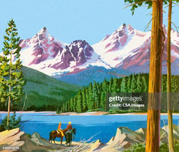 scenic mountains and people on horses - winter landscape scenery beauty stock illustrations