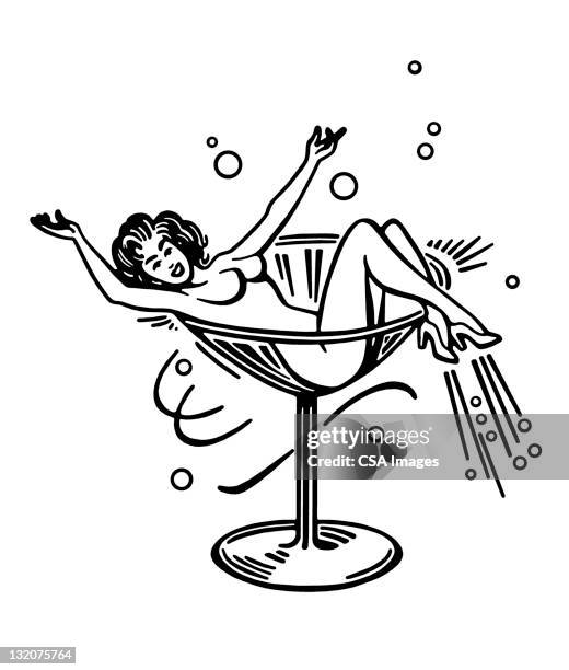 nude woman in martini glass - glamour model stock illustrations