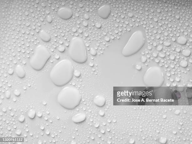 full frame of drops and splashes of water on a white background. - raindrops stock-fotos und bilder