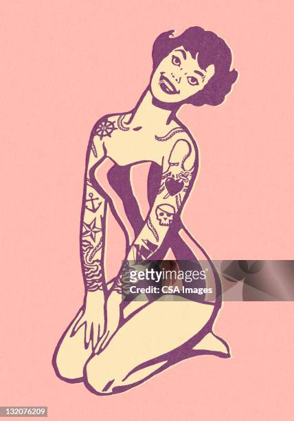 tattooed and pierced bathing beauty - pin up girl tattoo stock illustrations