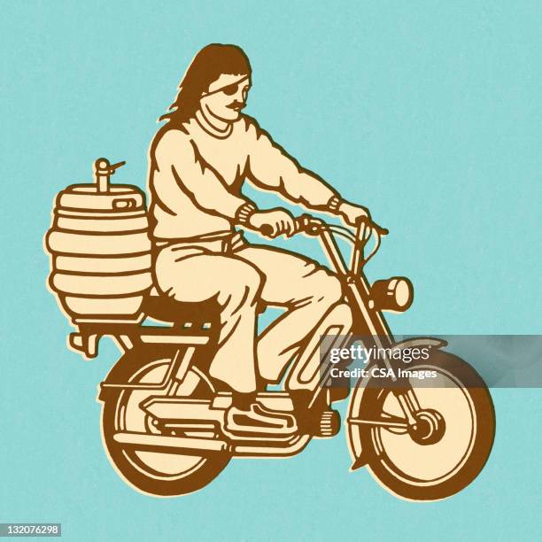 stockillustraties, clipart, cartoons en iconen met man riding moped with keg on the back - bromfiets