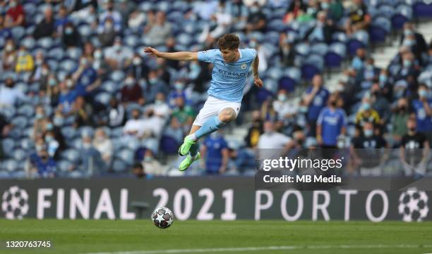 Manchester Citys John Stones clears the ball during the UEFA Champions League Final between Manchester City and Chelsea FC at Estadio do Dragao on...