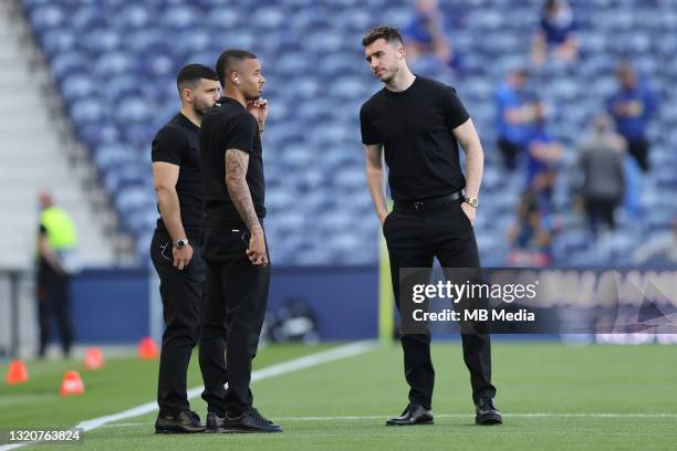 Sergio Aguero Gabriel Jesus [centre] and Aymeric Laporte [right] of Manchester City inspect the pitch before the UEFA Champions League Final between...