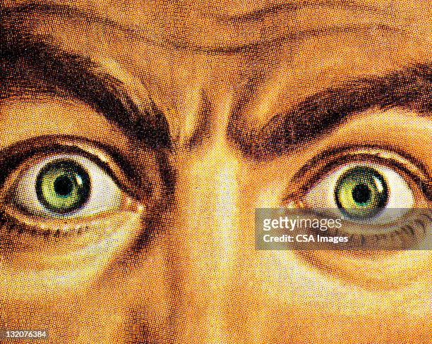stockillustraties, clipart, cartoons en iconen met close up of wide eyed man - psycho