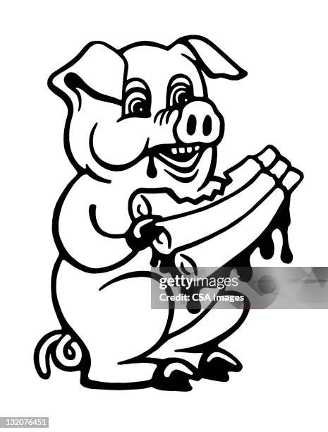 pig eating ribs - eating ribs stock illustrations
