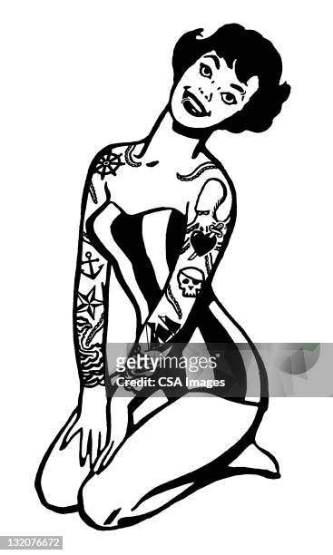 pinup with tattoos and piercings - pin up girl tattoo stock illustrations