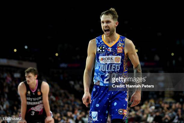 Nathan Sobey of the Brisbane Bullets celebrates during the round 20 NBL match between New Zealand Breakers and Brisbane Bullets at Spark Arena, on...