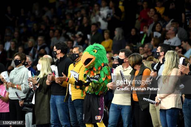 The Breakers mascot mixes with the crowd during the round 20 NBL match between New Zealand Breakers and Brisbane Bullets at Spark Arena, on May 30 in...
