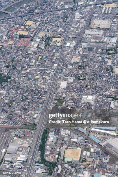 urban highway in hyogo prefecture of japan aerial view from airplane - amagasaki foto e immagini stock