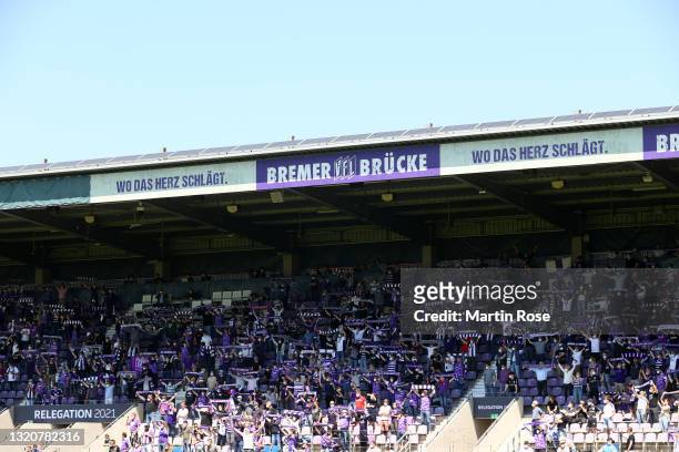 General view inside the stadium as fans of VfL Osnabrück show their support from the stands prior to the 2. Bundesliga playoff leg two match between...
