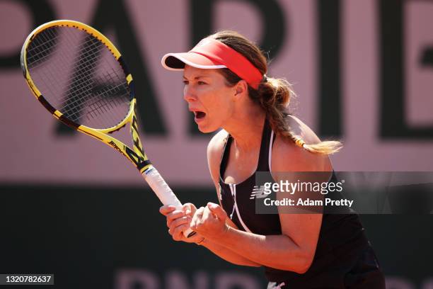 Danielle Rose Collins of The United States celebrates in her First Round match against Xiyu Wang of China during Day One of the 2021 French Open at...