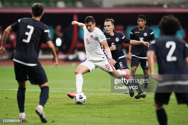 Elkeson of China kicks the ball during the FIFA World Cup Asian qualifier Group A second round match between China and Guam at Suzhou Olympic Sports...