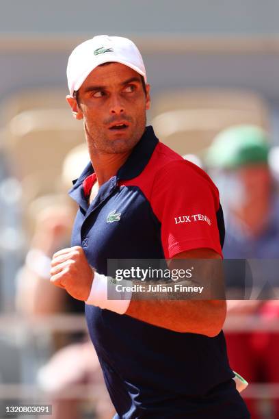 Pablo Andujar of Spain celebrates in his First Round match against Dominic Thiem of Austria during Day One of the 2021 French Open at Roland Garros...