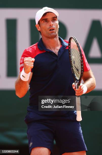 Pablo Andujar of Spain celebrates in his First Round match against Dominic Thiem of Austria during Day One of the 2021 French Open at Roland Garros...