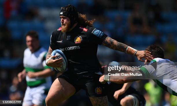 Harry Williams of Exeter Chiefs takes on Will Montgomery of Newcastle Falcons during the Gallagher Premiership Rugby match between Exeter Chiefs and...