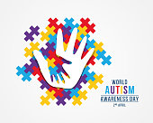 Wolrd Autism Awareness Day banner with white adult and child hands sign on colorful puzzle piece background vector design