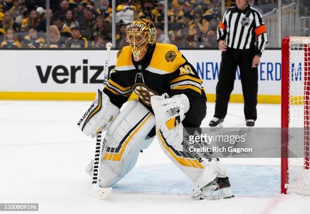 Tuukka Rask of the Boston Bruins tends goal against the New York Islanders in Game One of the Second Round of the 2021 Stanley Cup Playoffs at the TD...