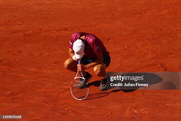 Dominic Thiem of Austria reacts in his First Round match against Pablo Andujar of Spain during Day One of the 2021 French Open at Roland Garros on...