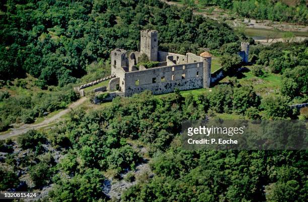 tornac castle (aerial view) - gard stock-fotos und bilder
