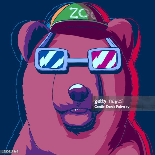 funny cartoon vector illustration - bear with 3d glasses. - cute bear stock illustrations