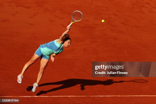 Svetlana Kuznetsova of Russia serves in her First Round match against Victoria Azarenka of Belarus during Day One of the 2021 French Open at Roland...