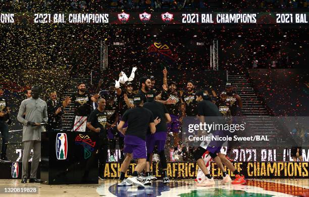 Members of Zamalek celebrate winning the Basketball Africa League finals game against Union Sportive Monastirienne at Kigali Arena on May 30, 2021 in...