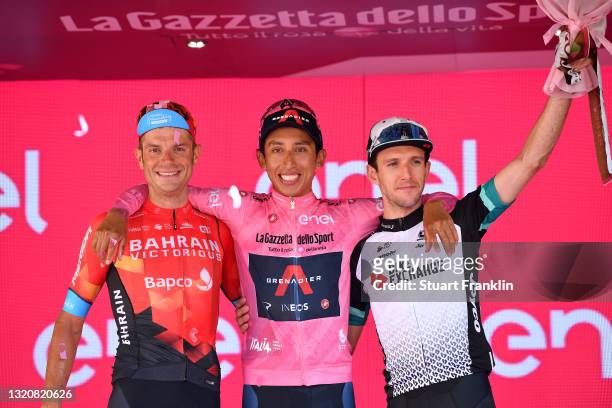 Damiano Caruso of Italy and Team Bahrain Victorious, Egan Arley Bernal Gomez of Colombia and Team INEOS Grenadiers Pink Leader Jersey & Simon Yates...