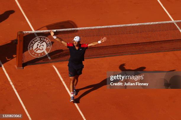 Pablo Andujar of Spain celebrates after winning his First Round match against Dominic Thiem of Austria during Day One of the 2021 French Open at...