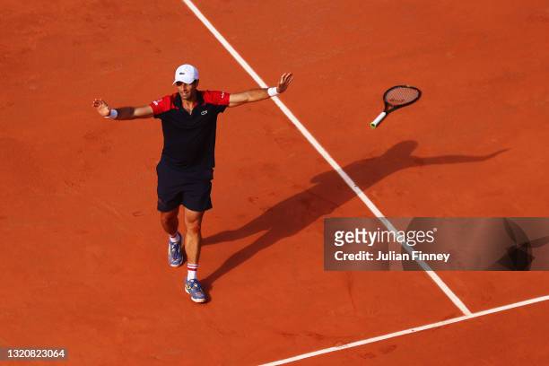 Pablo Andujar of Spain celebrates after winning his First Round match against Dominic Thiem of Austria during Day One of the 2021 French Open at...