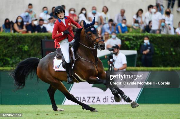 Jessica Springsteen of the USA riding Don Juan van de Donkhoeve during the jump-off as part of the Rolex Grand Prix Rome h1.60 jumping competition on...