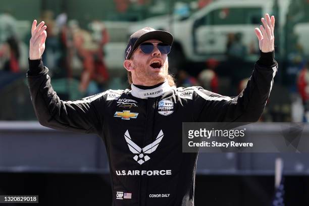 Conor Daly of the United States, driver of the U.S. Air Force Ed Carpenter Racing Chevrolet, is introduced during driver introductions prior to the...