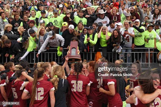 The Boston College Eagles celebrate after defeating the Syracuse Orange in the 2021 NCAA Division I Women's Lacrosse Championship at Johnny Unitas...