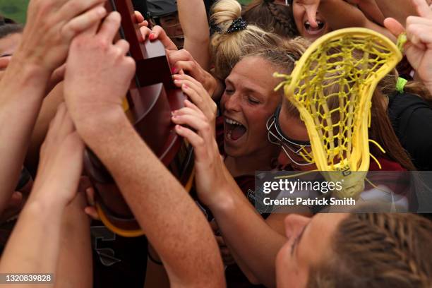 The Boston College Eagles celebrate after defeating the Syracuse Orange in the 2021 NCAA Division I Women's Lacrosse Championship at Johnny Unitas...