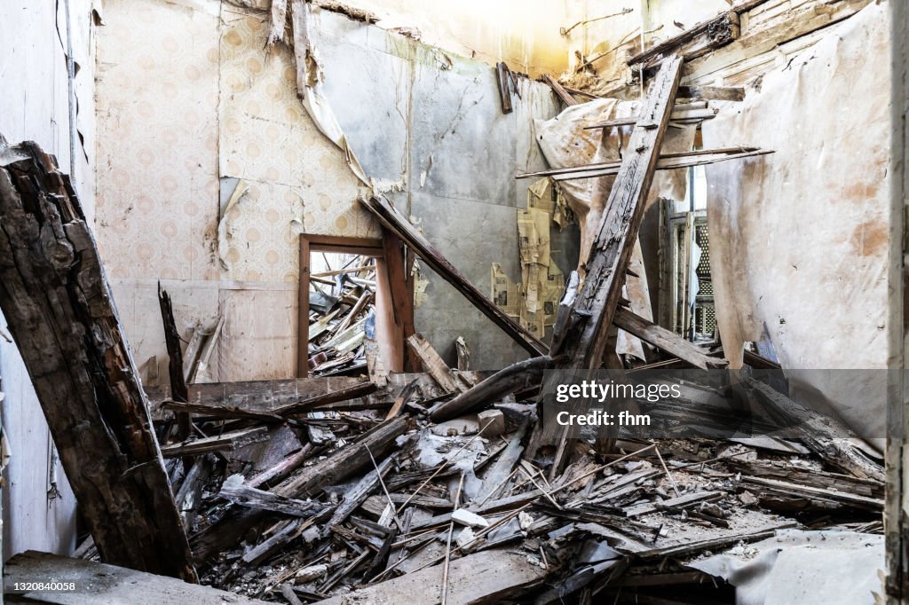 Collapsed ceiling in an abandoned building