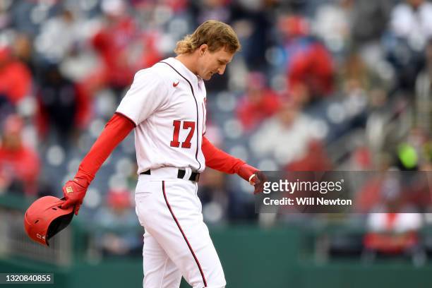 Andrew Stevenson of the Washington Nationals reacts after flying out during the fifth inning against the Milwaukee Brewers at Nationals Park on May...
