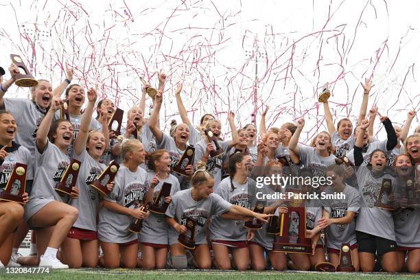 The Boston College Eagles celebrate after defeating the Syracuse Orange in the 2021 NCAA Division I Women's Lacrosse Championship at Johnny Unitas...