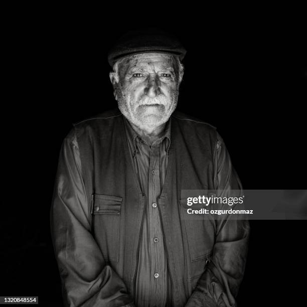 senior man portrait, turkish man from erzincan, east of turkey - old man funny face black and white stock pictures, royalty-free photos & images